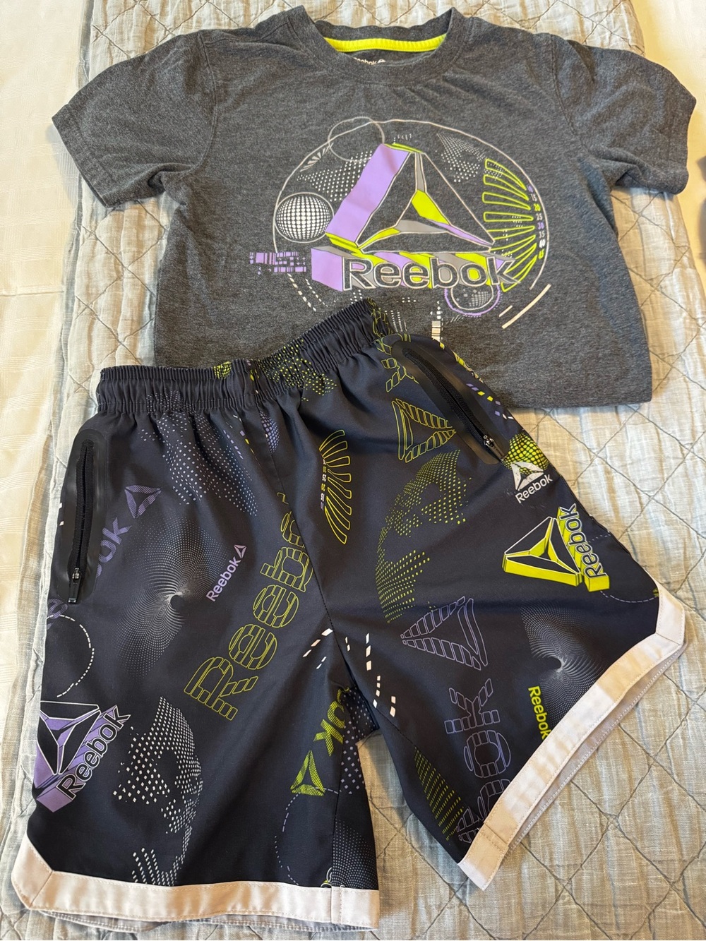 Reebok Boys Gray Tee & Black Shorts Set with Neon Yellow and Purple Accents
